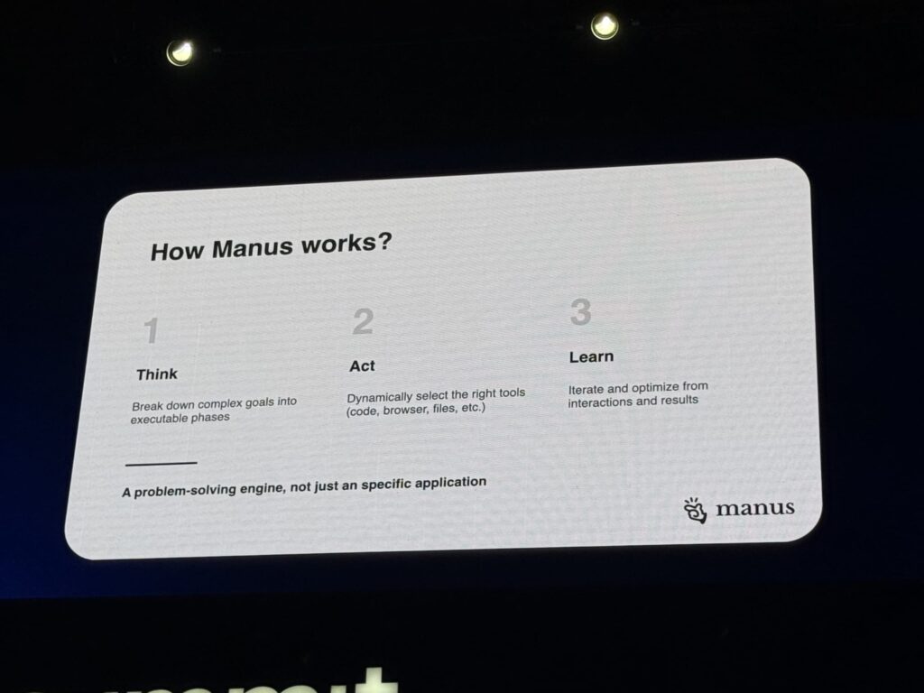 Manusの動作原理「How Manus works?」を解説するスライド画像。「Think」「Act」「Learn」の3つのステップが表示されている。
