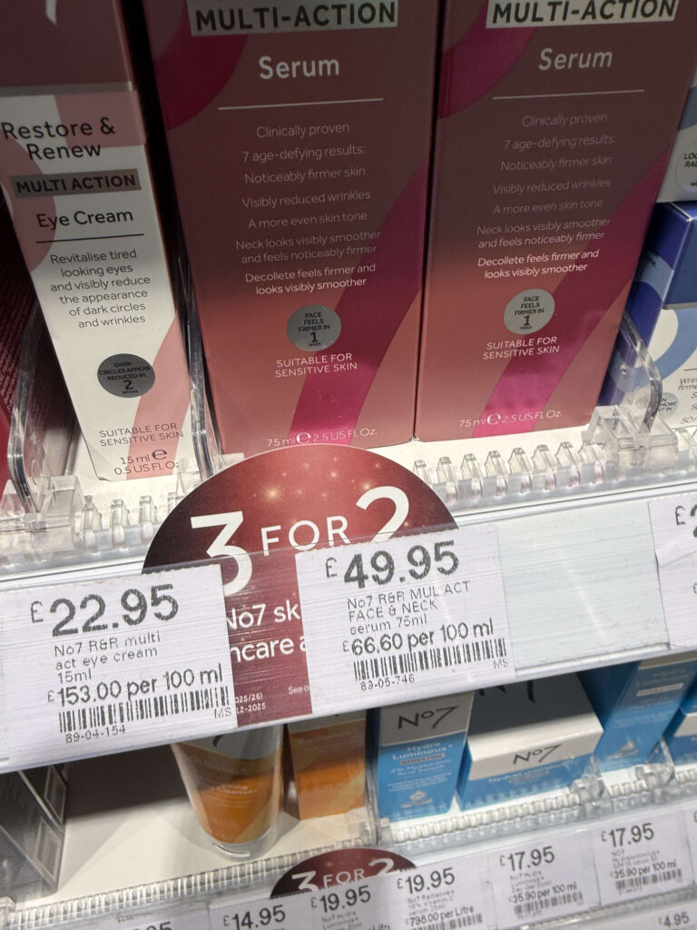 No7 skincare shelf showing 