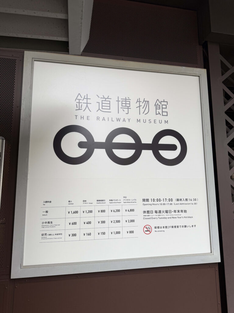 鉄道博物館のロゴ、入館料金表、開館時間が記載された入口の案内板