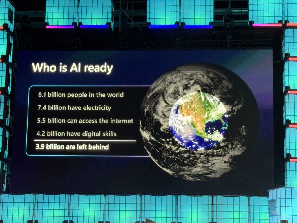 Presentation slide titled 'Who is AI ready' displaying statistics showing that out of 8.1 billion people, 3.9 billion are left behind due to a lack of digital skills, accompanied by a graphic of the Earth.