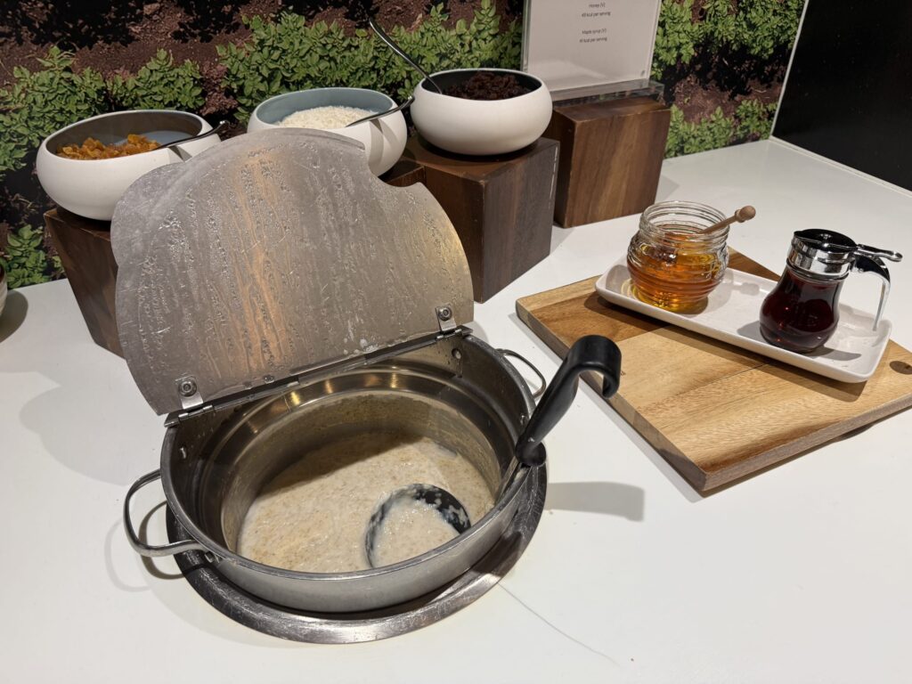 Stainless steel pot of oatmeal porridge with ladle, served with toppings including honey, maple syrup, and dried fruits at a buffet station