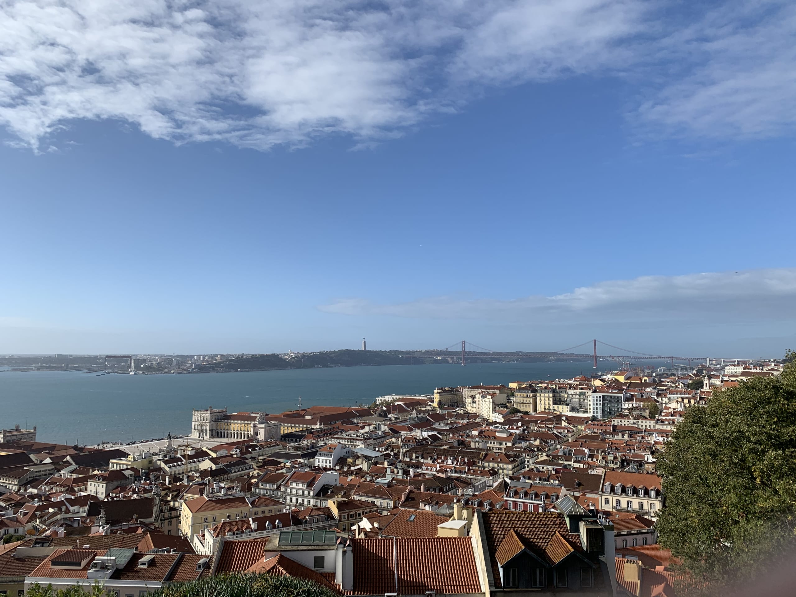 青空の下に広がるリスボンの街並みとテージョ川、遠くに見える4月25日橋のパノラマ風景