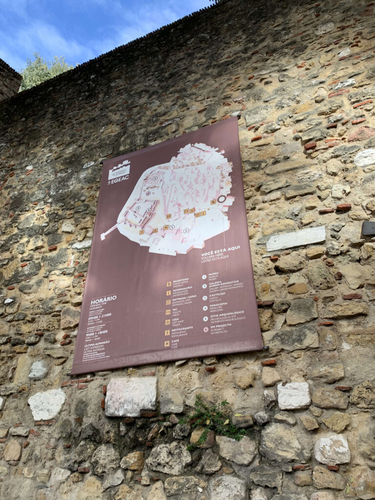 Large site map and information sign mounted on a rough stone wall at Castelo de São Jorge