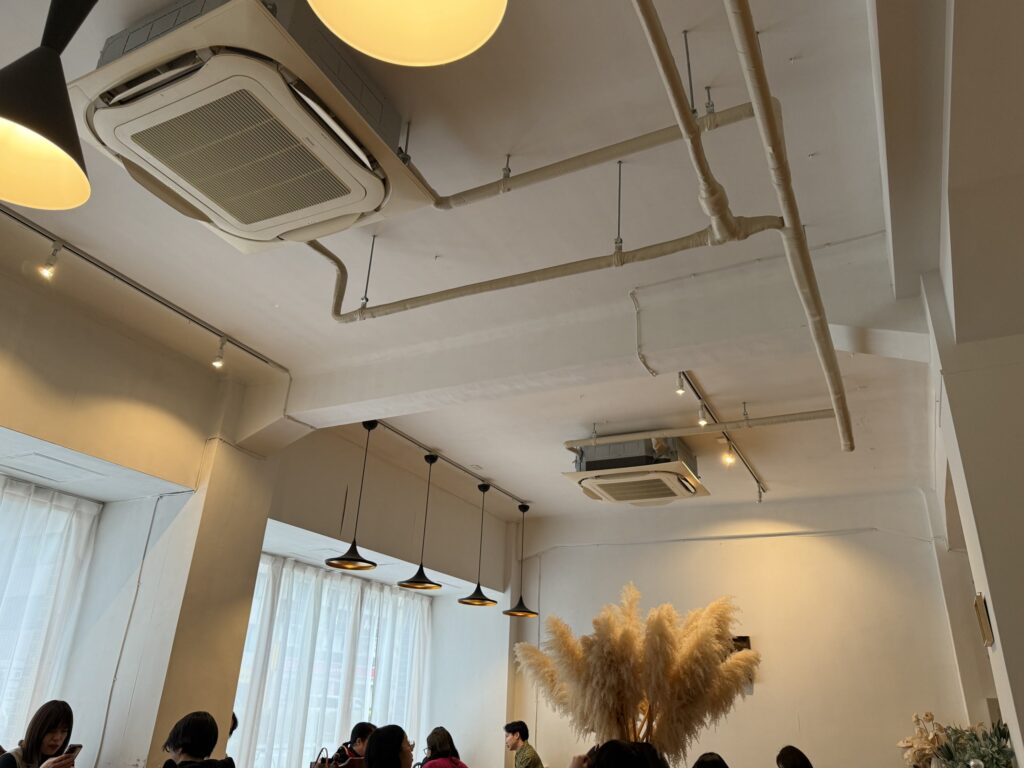 Interior ceiling of a cafe featuring white-painted exposed pipes, air conditioning units, hanging black pendant lights, and a large dried pampas grass arrangement.