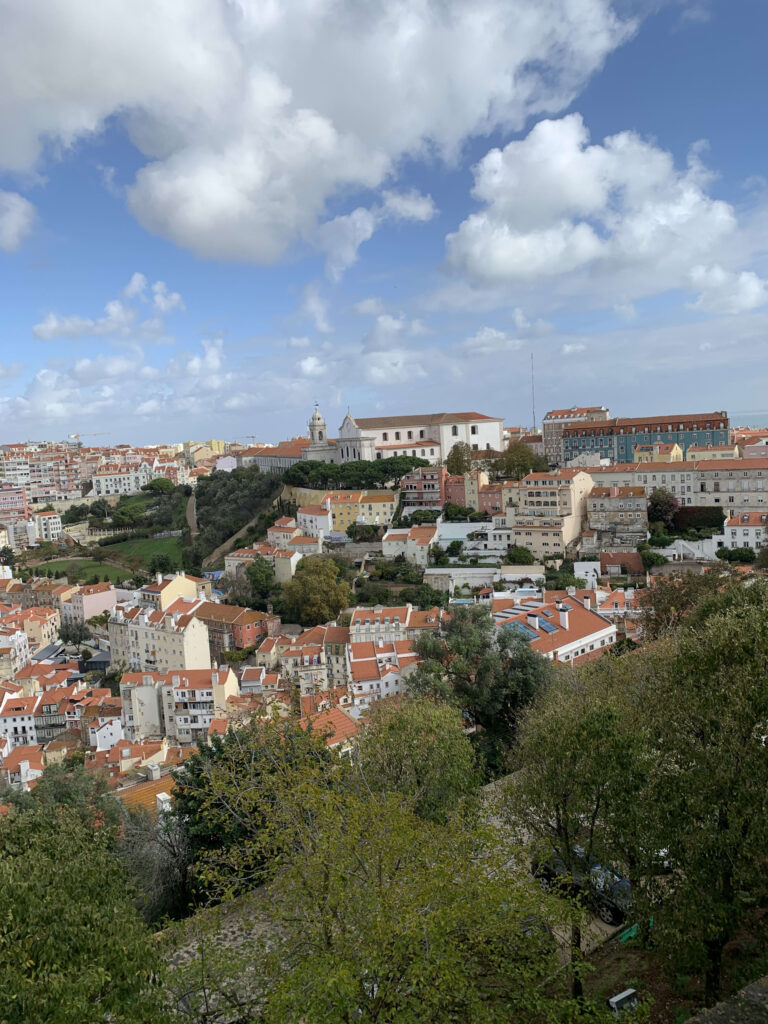 View of Lisbon's hilly cityscape with white buildings, red roofs, and the Graça Church on the horizon under a cloudy blue sky