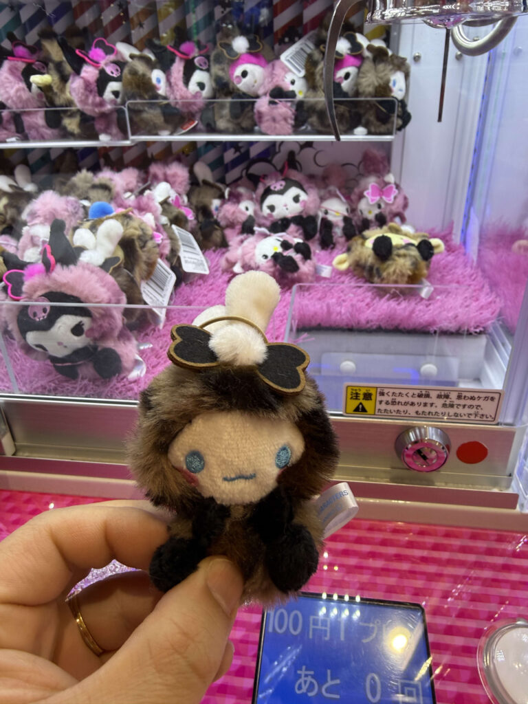 A small Cinnamoroll plush toy wearing a brown leopard-print hood held in a hand in front of a claw machine