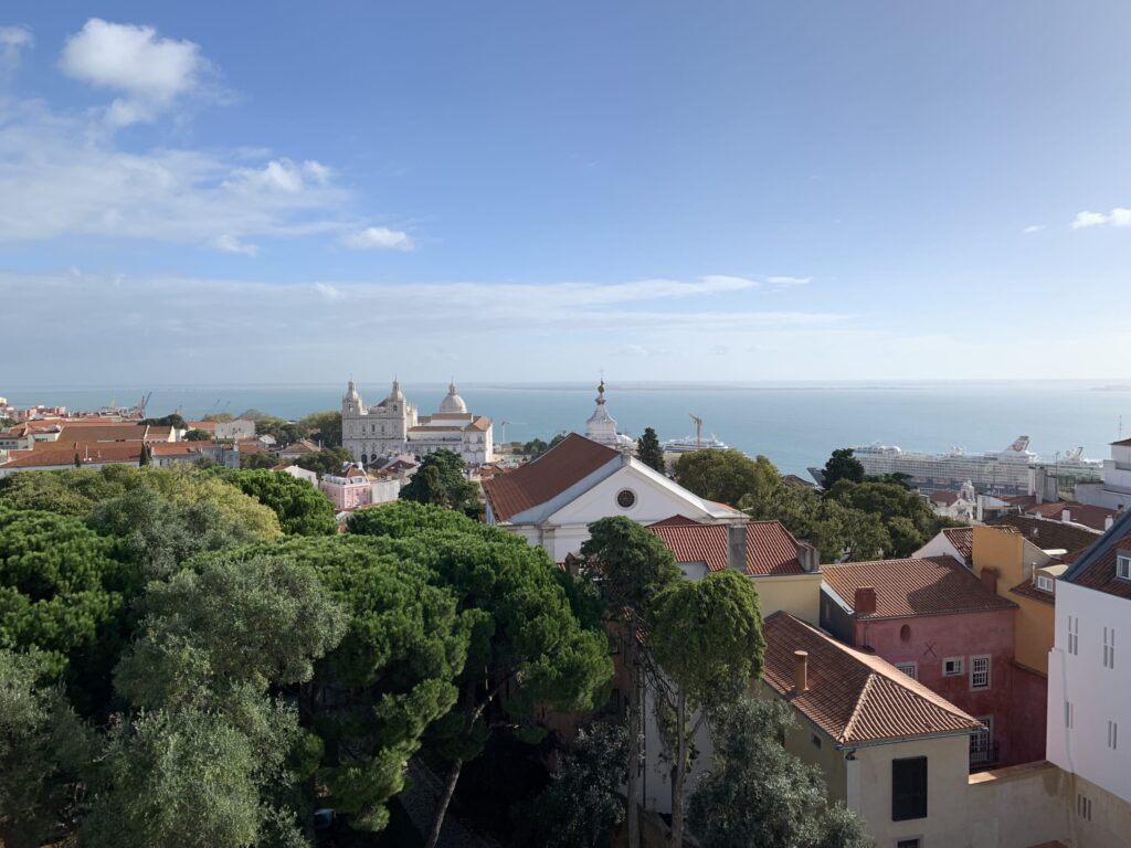 Eastern view of Lisbon featuring red rooftops, green trees, the Church of São Vicente de Fora, and the National Pantheon against a blue river