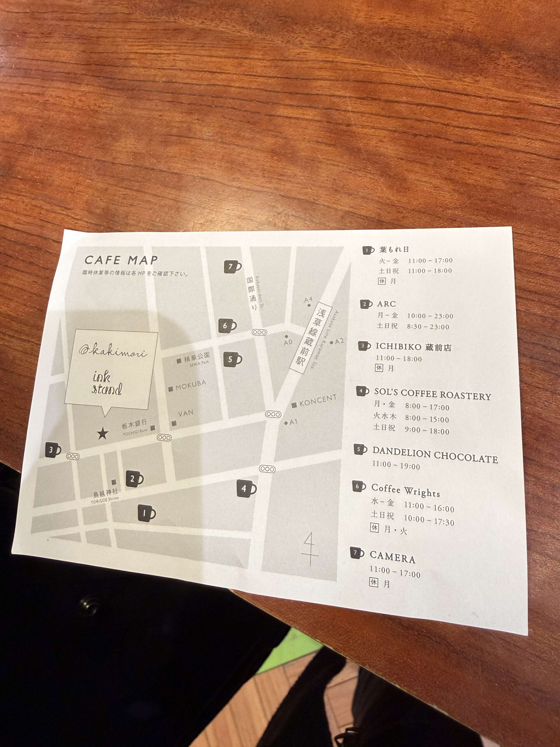 木製テーブルの上に置かれた蔵前周辺のカフェマップ。