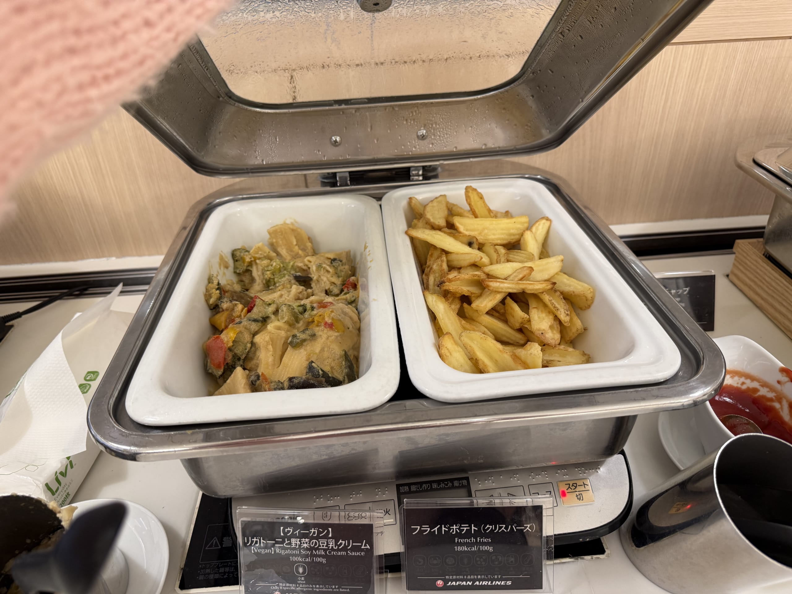 Vegan pasta and fries at a JAL lounge.