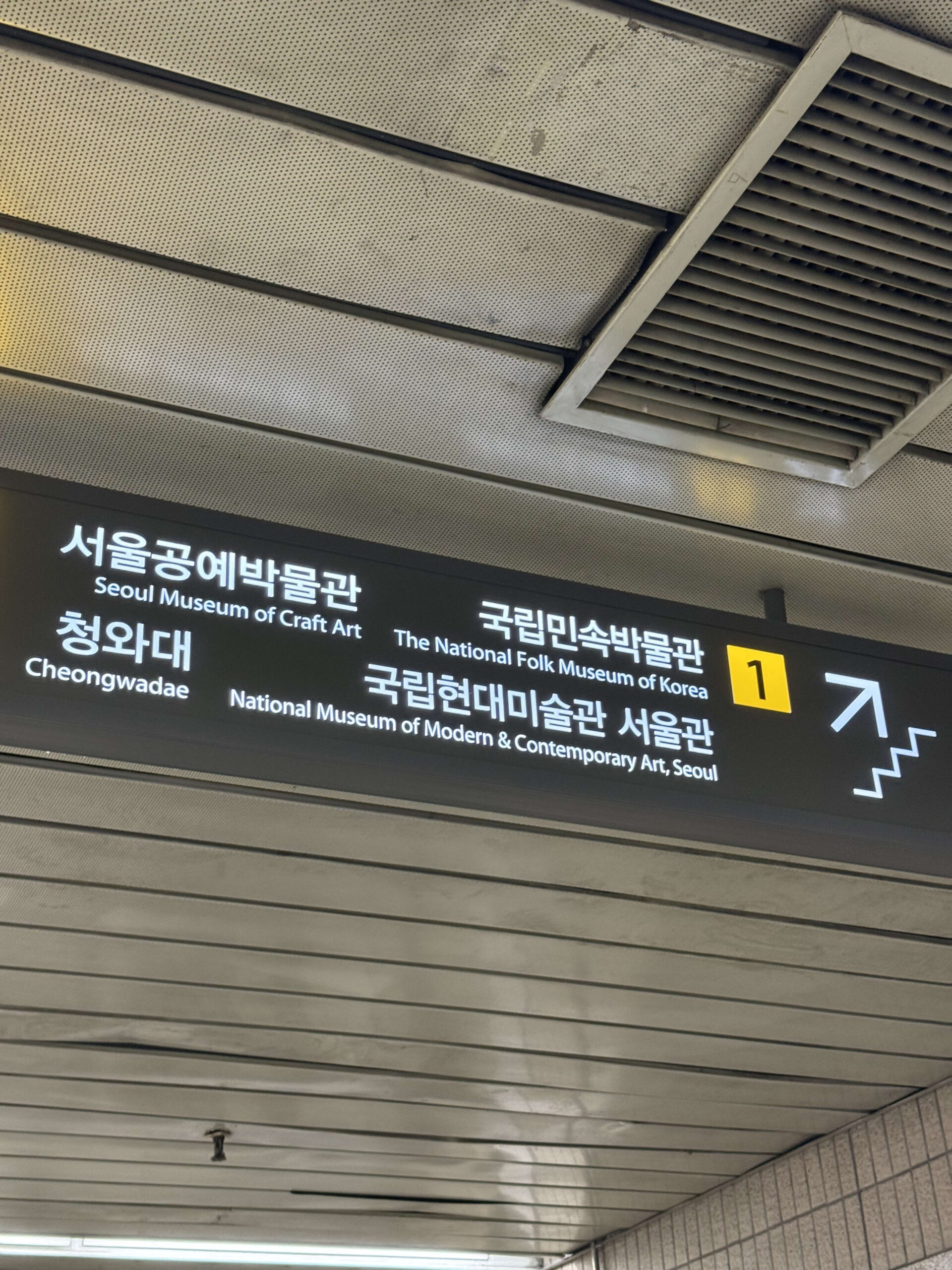 地下鉄安国駅の案内板。1番出口の黄色い数字と階段の矢印。