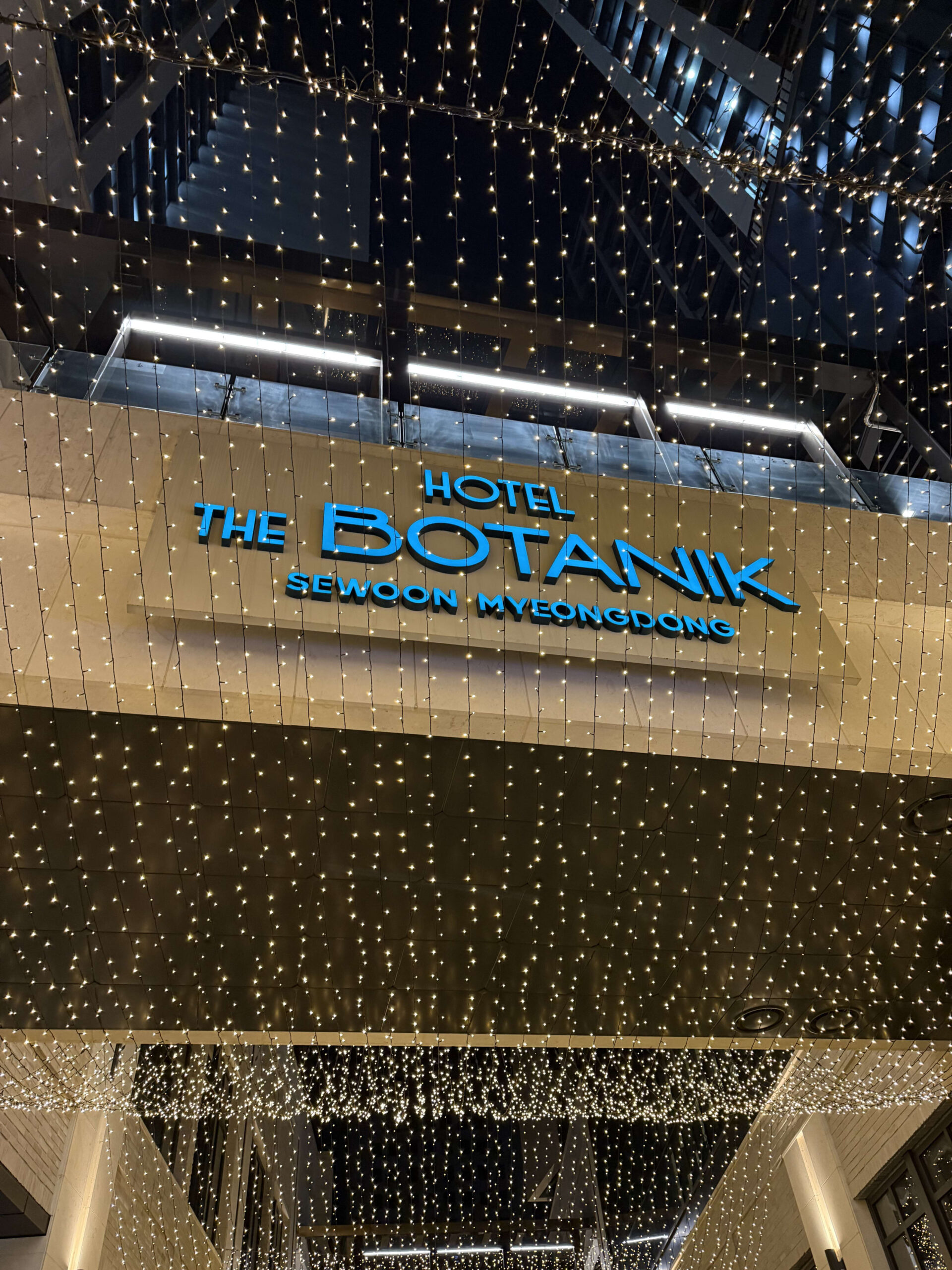 Blue sign of HOTEL THE BOTANIK with string lights.