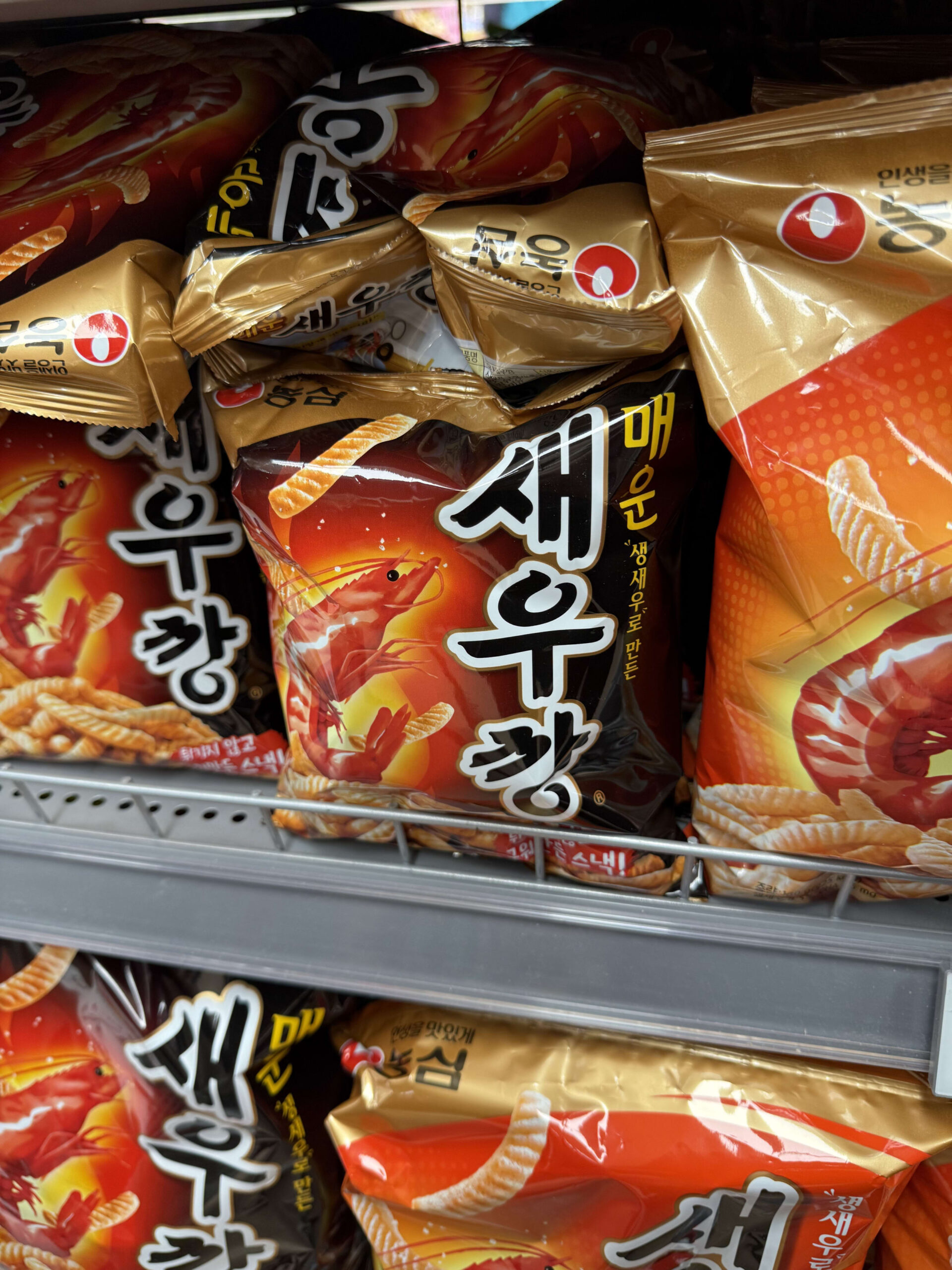 Spicy Shrimp Crackers on a Korean supermarket shelf.