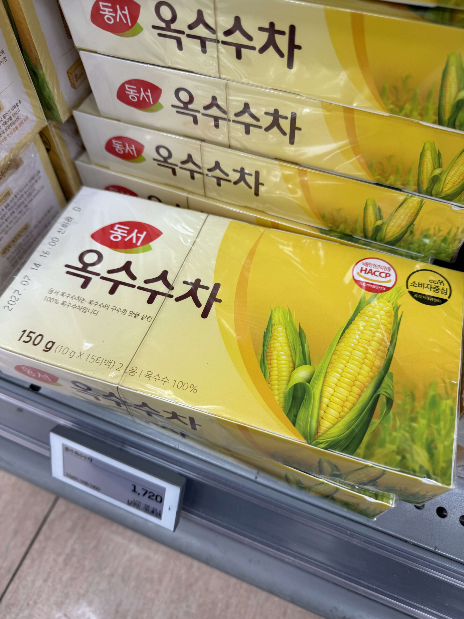 Dongsuh corn tea boxes at Lotte Mart.