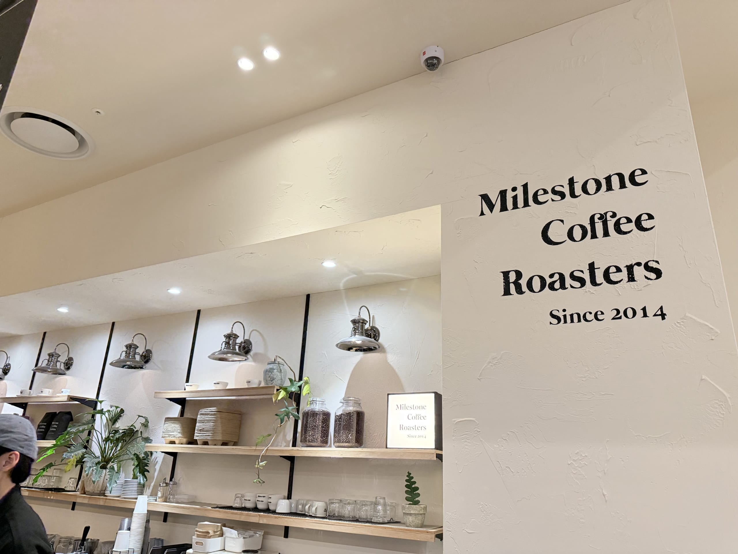 White wall with Milestone Coffee logo and a counter.