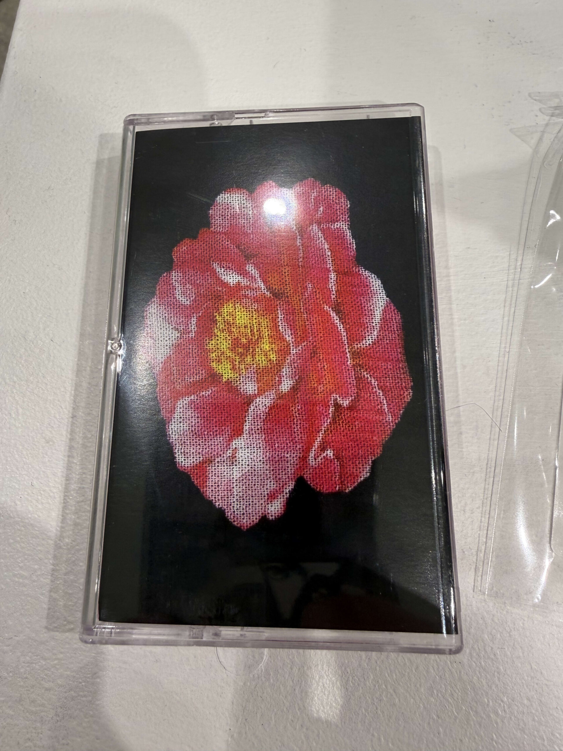 ピクセル調の花が描かれたカセットテープ。