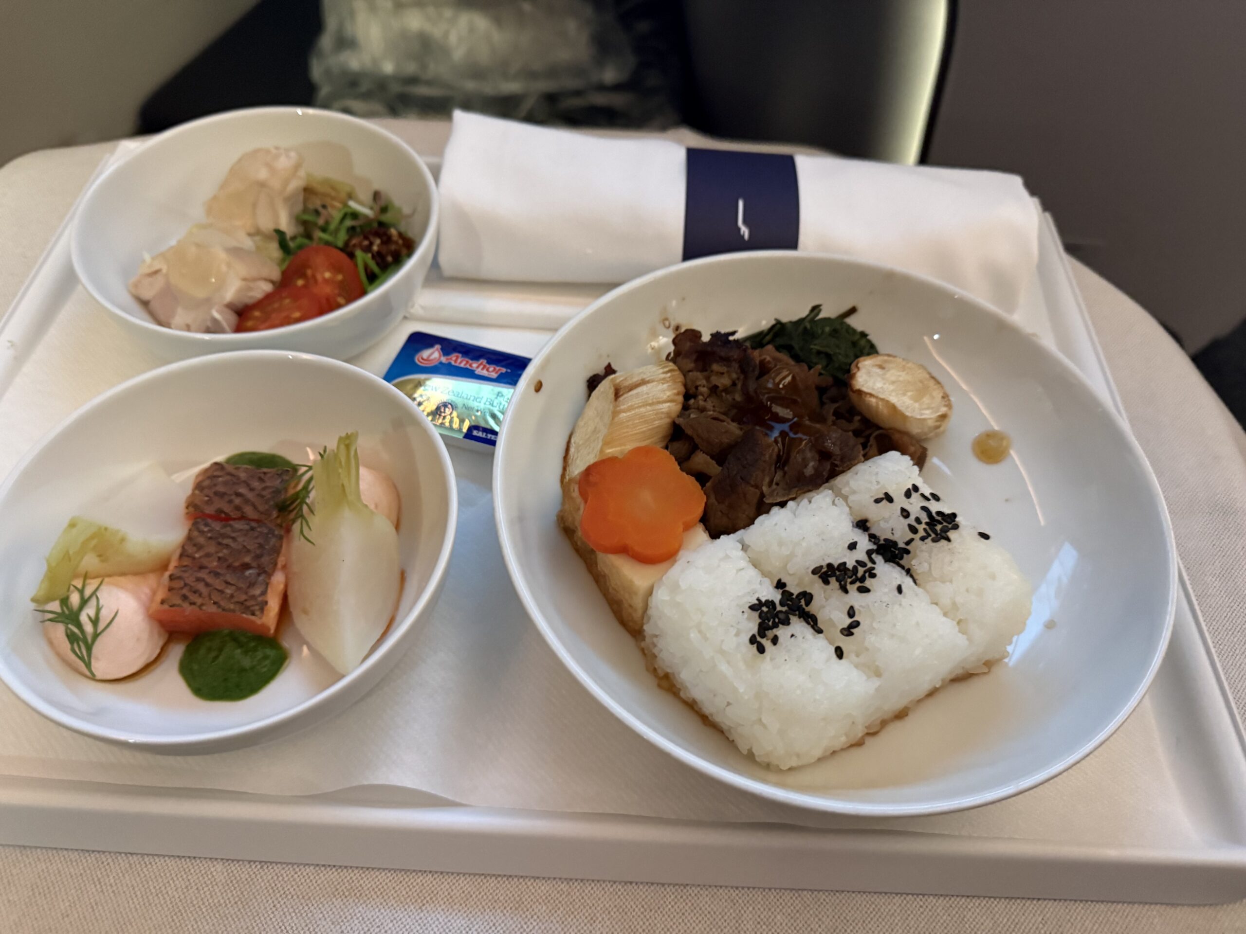 機内食の和風牛肉ディナーとサーモンの小鉢。