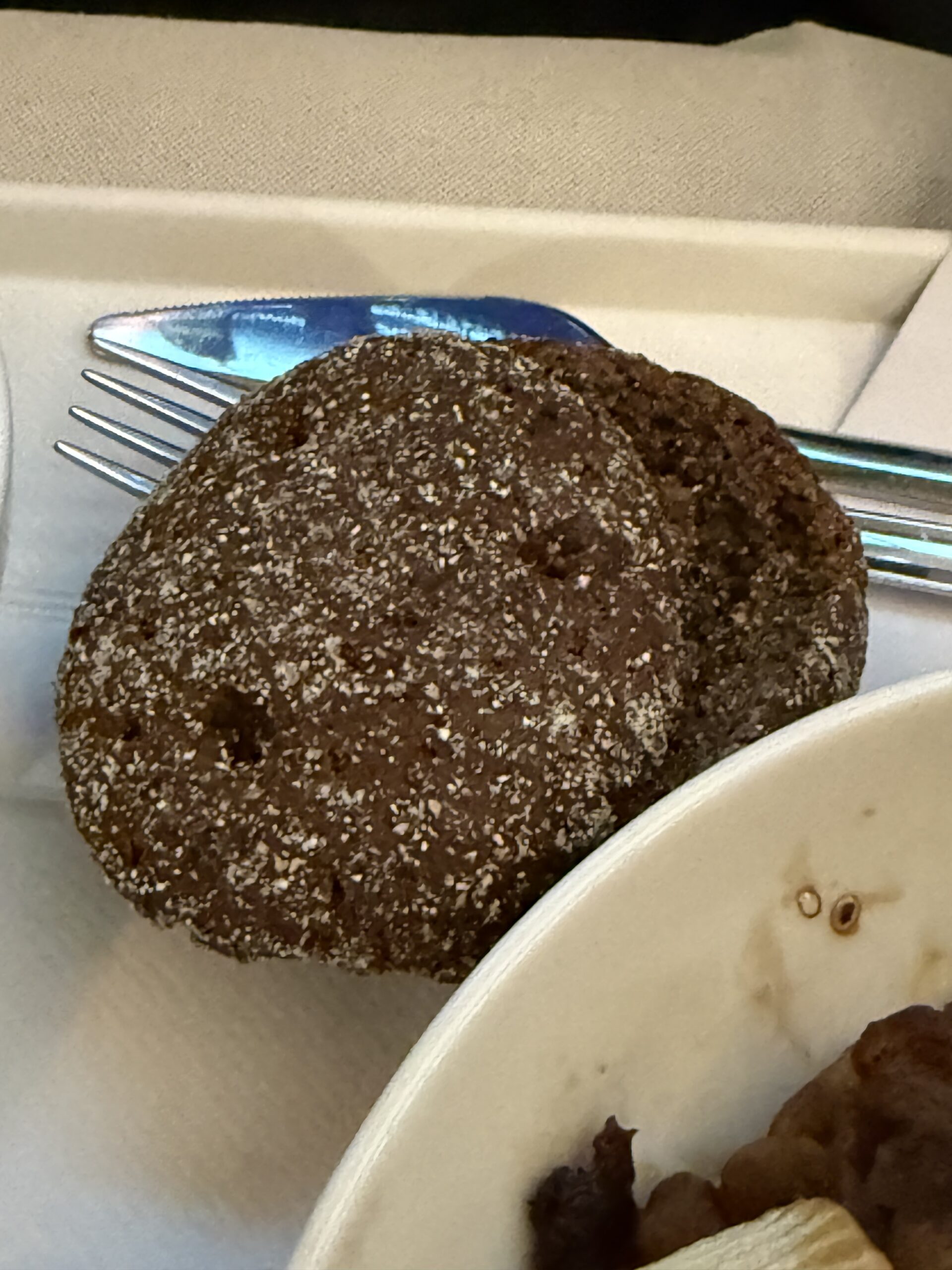 機内食の白いトレイに置かれた丸くて黒いフィンランドのライ麦パン。