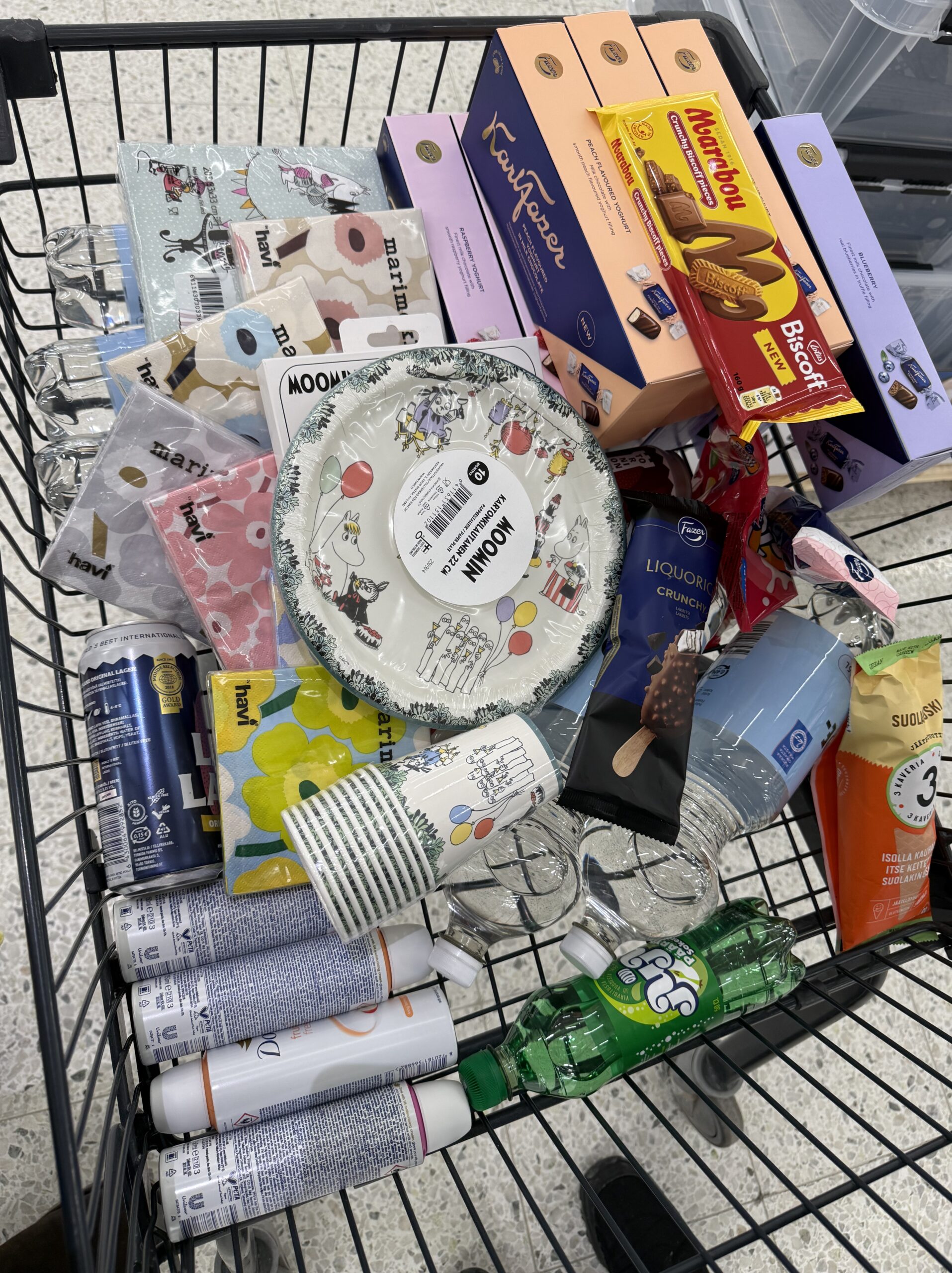 A supermarket cart filled with various purchases