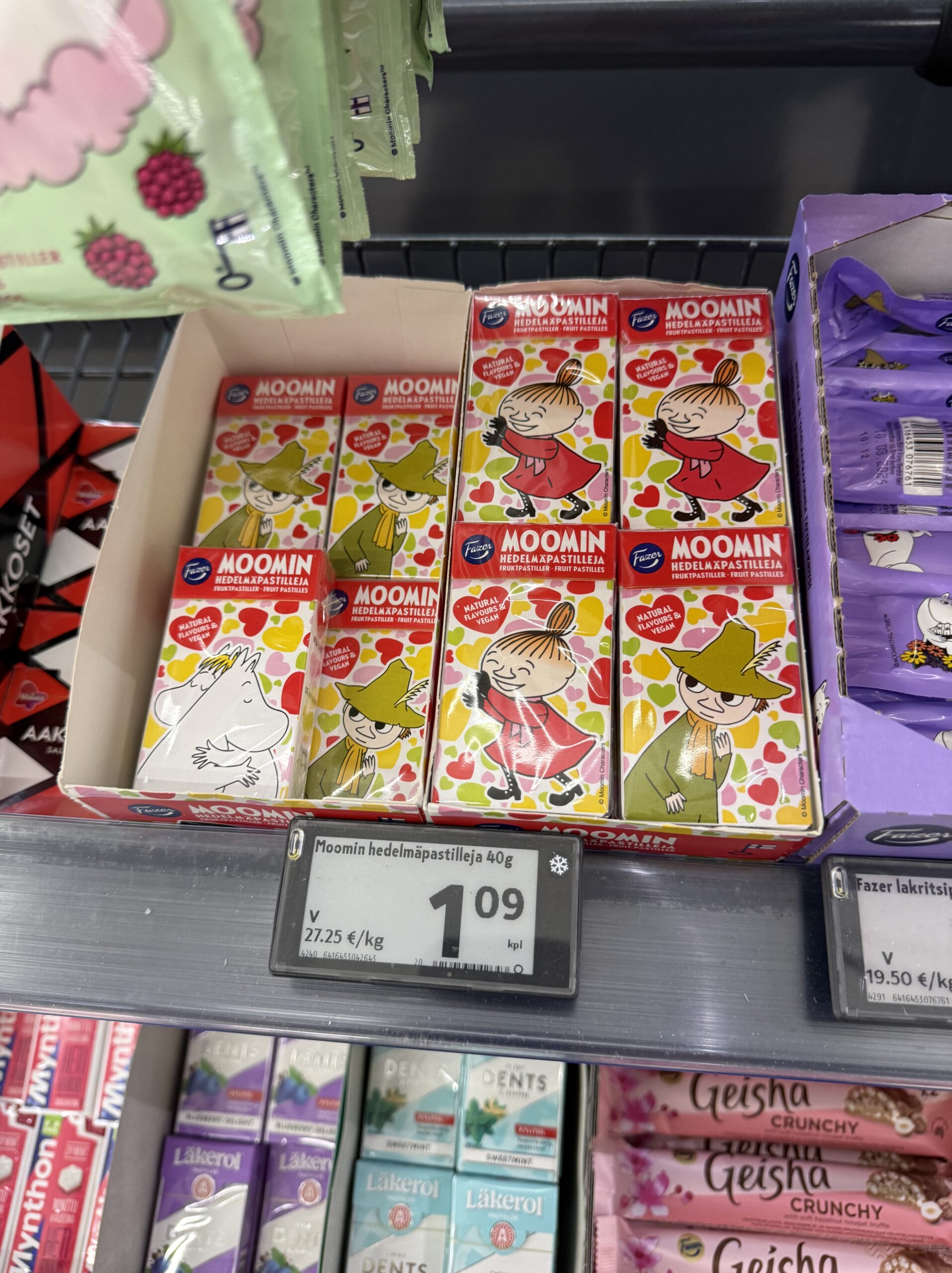 Moomin fruit pastilles on a shelf