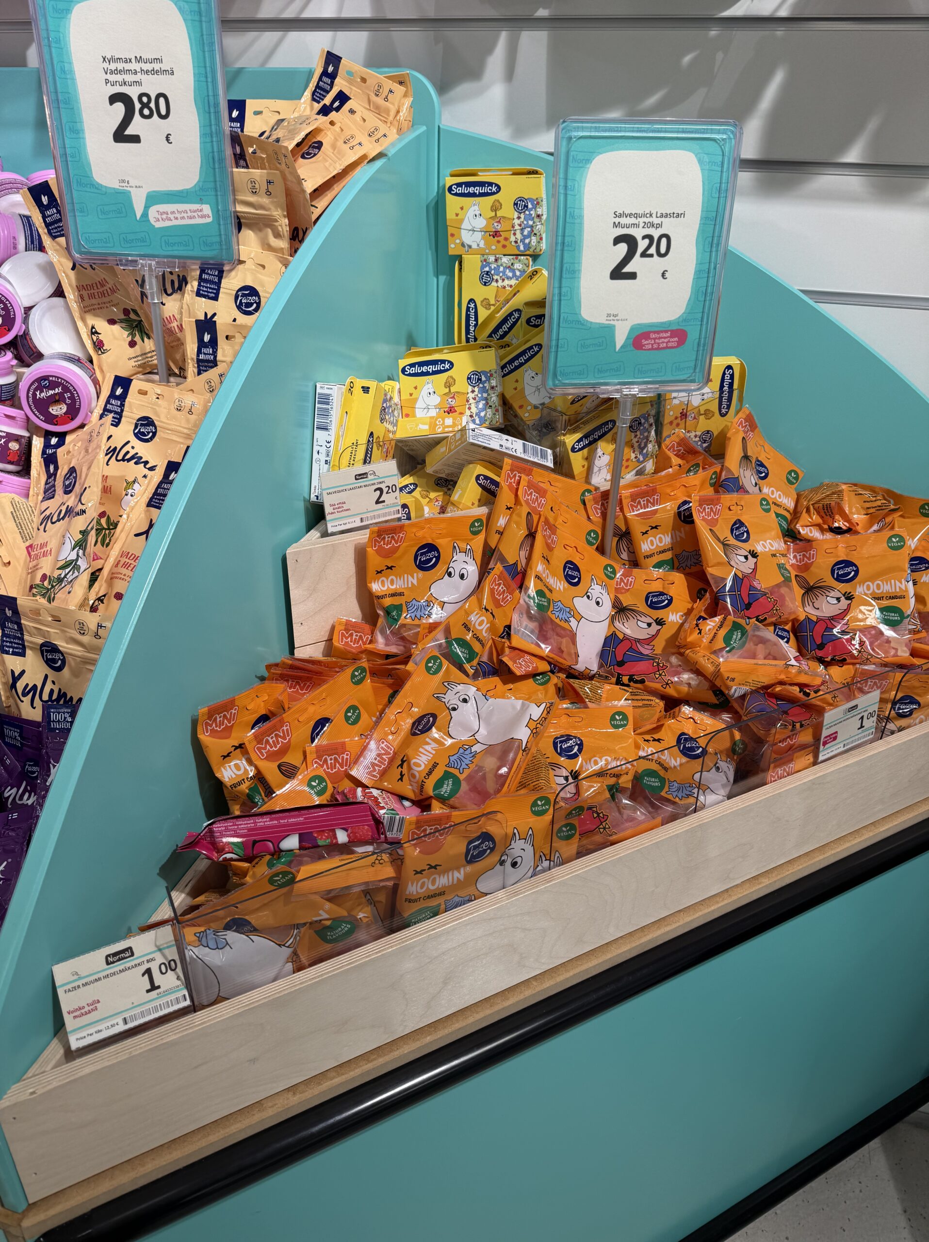€1.00 Moomin candies and €2.20 bandages