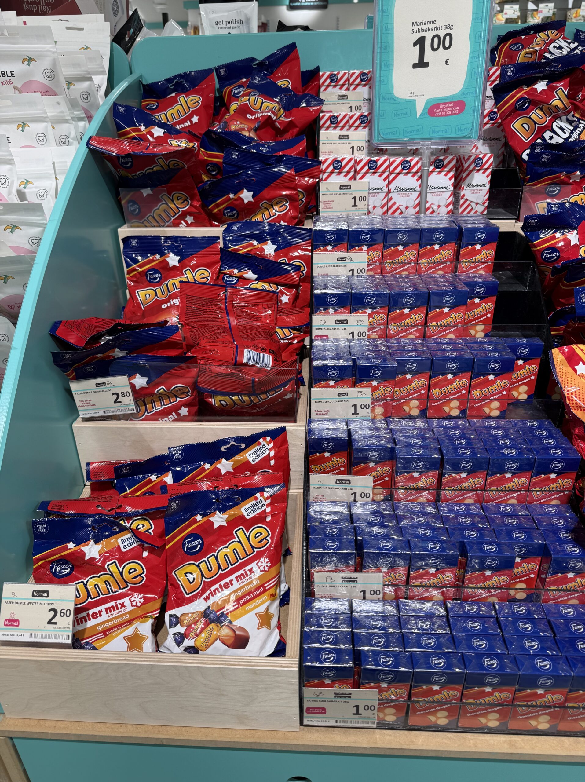 €1.00 Dumle boxes and red Fazer packages