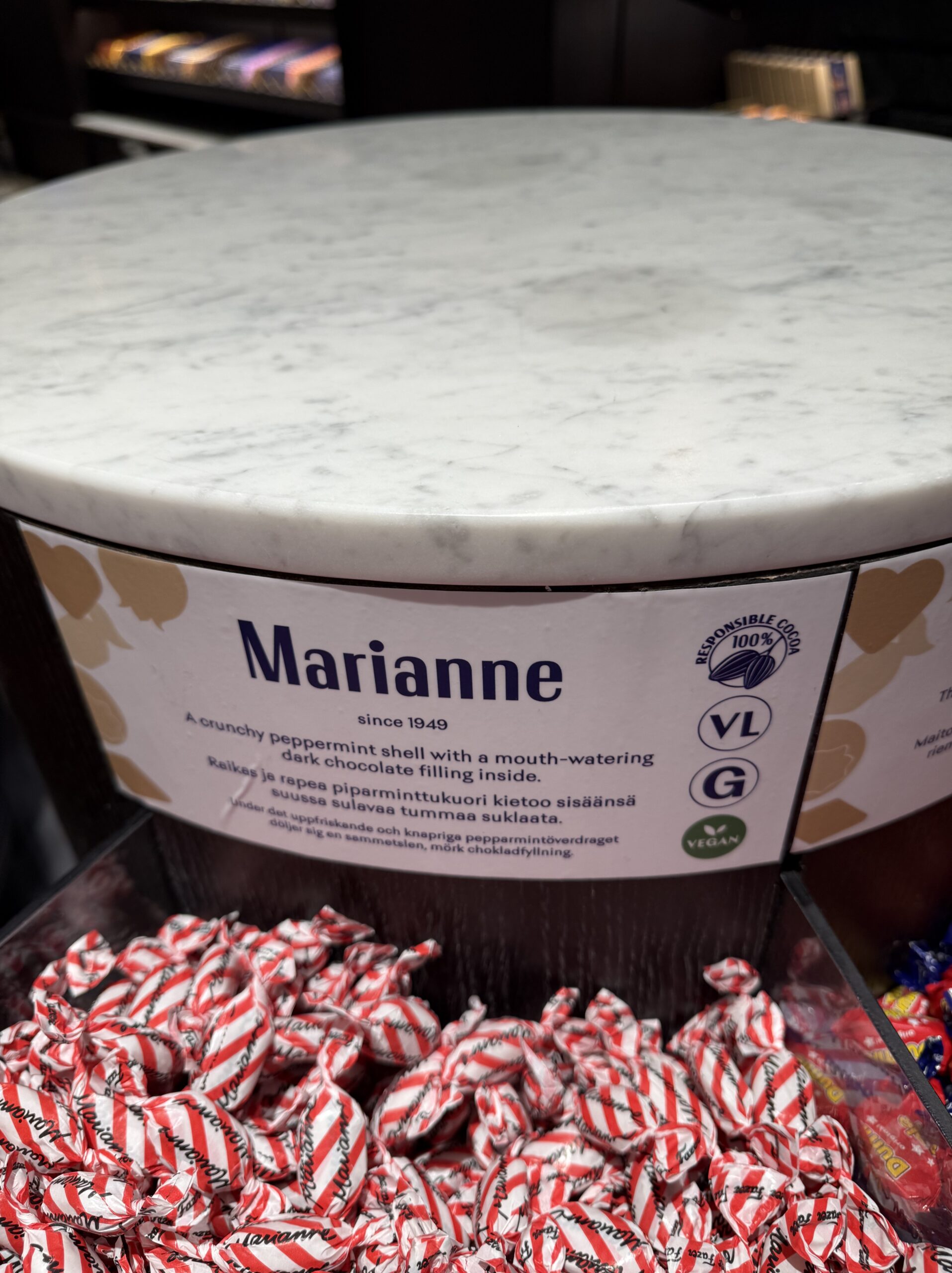 Marianne candies with red and white stripes