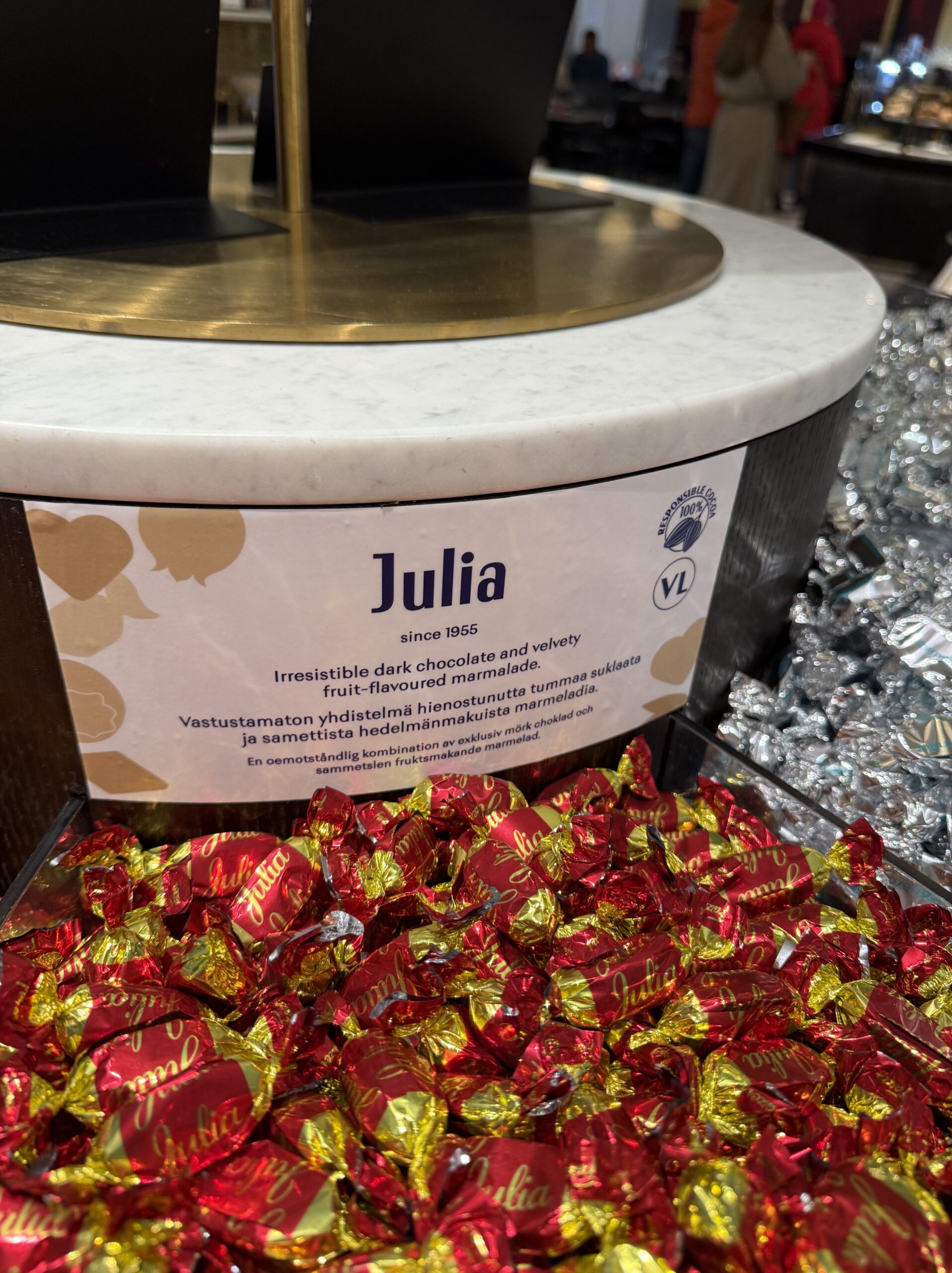 Julia chocolates wrapped in red and gold foil