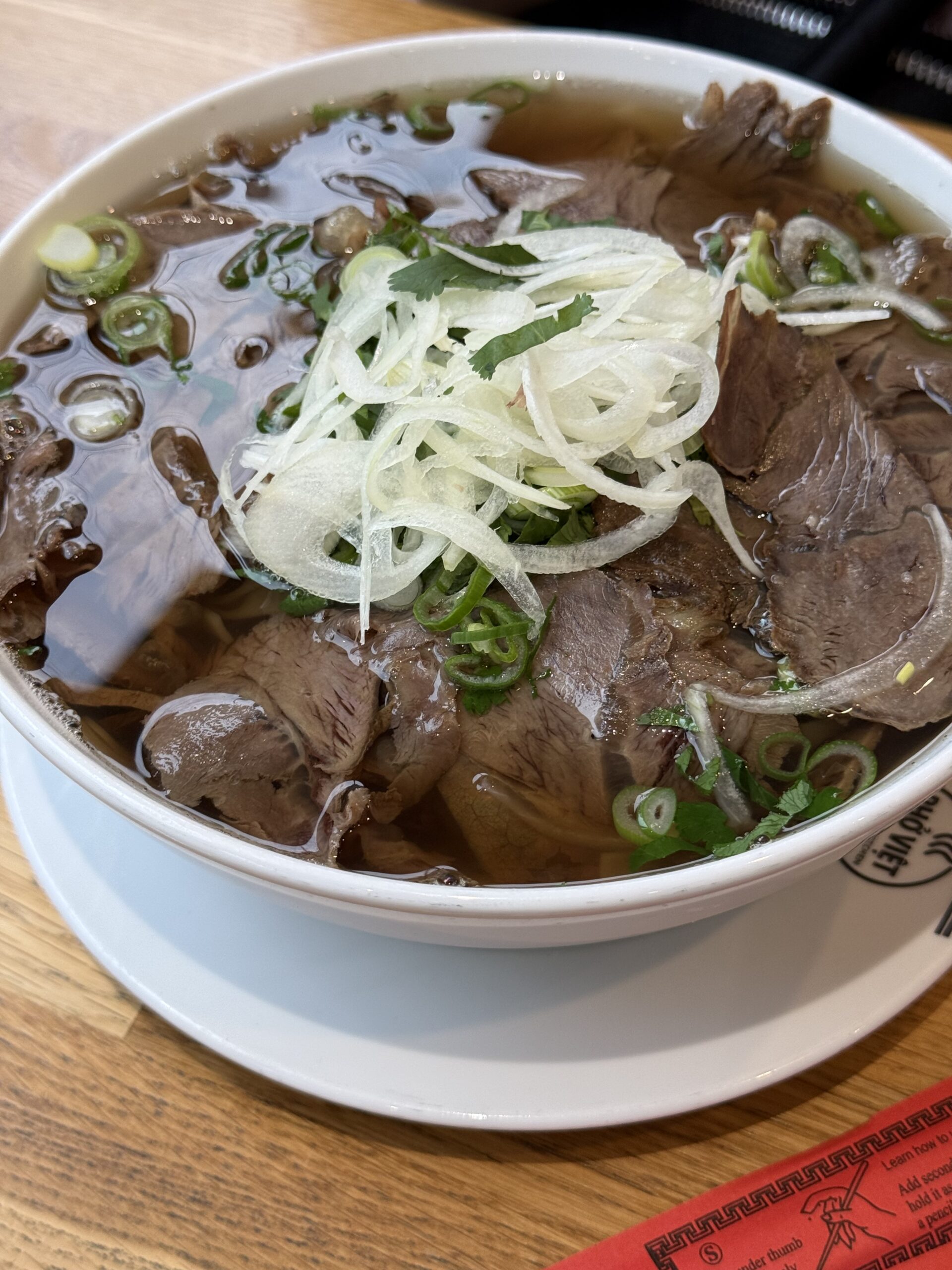 Pho piled with beef shank, onions, and green onions