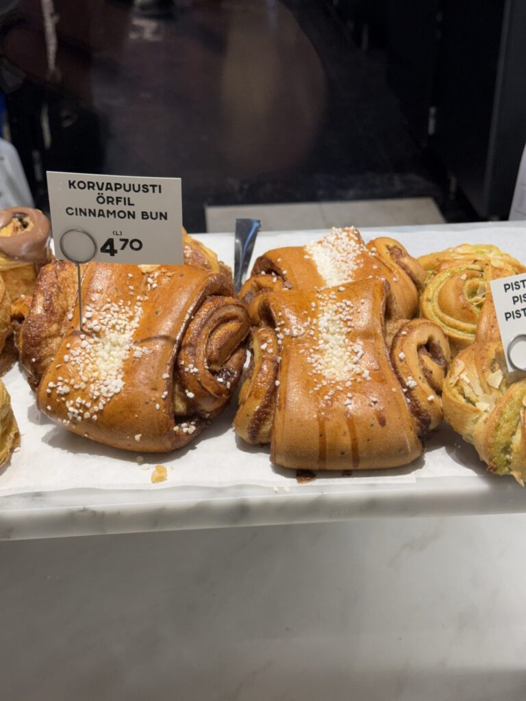 Close-up of a Korvapuusti cinnamon bun at Fazer Cafe