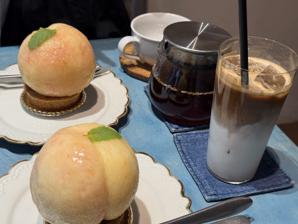 Whole peach tart and iced latte