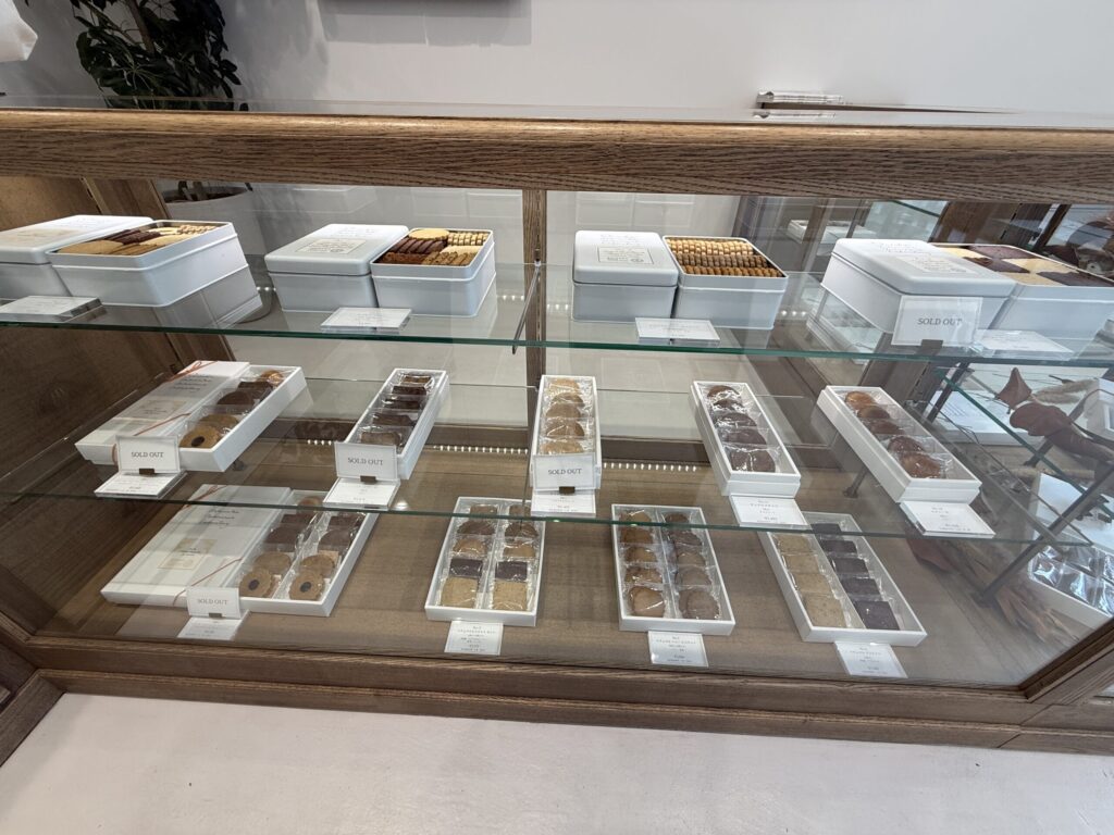 Sold out signs on the biscuit display shelves