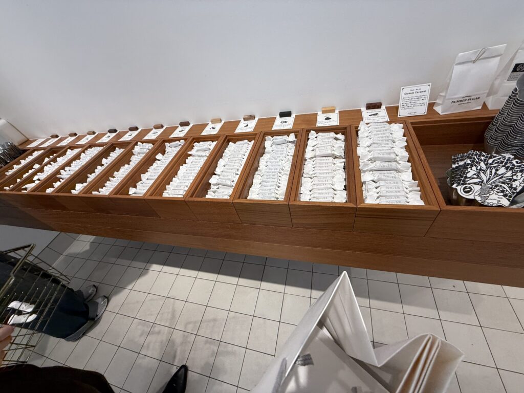 Wire basket and white caramel wrappers arranged on wooden display shelves