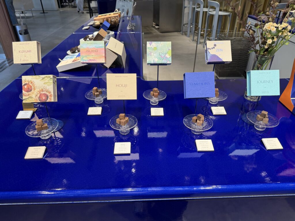 Elegant packaging and displays on the deep blue counter