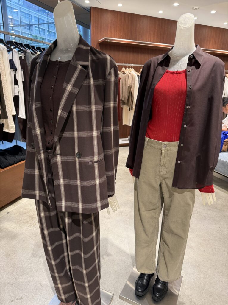Womens mannequins styled in brown check and red knits