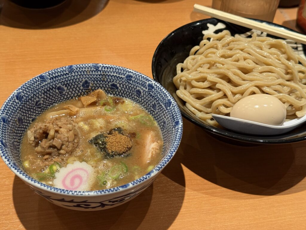 The complete Rokurinsha tsukemen set with a large portion of noodles and rich soup.