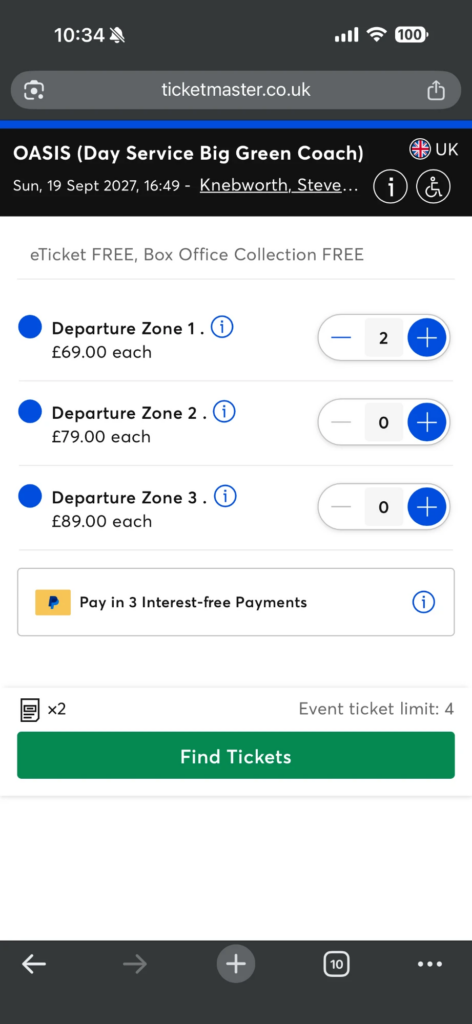 Ticketmasterのバス追加購入画面。Departure Zone 1を選択している