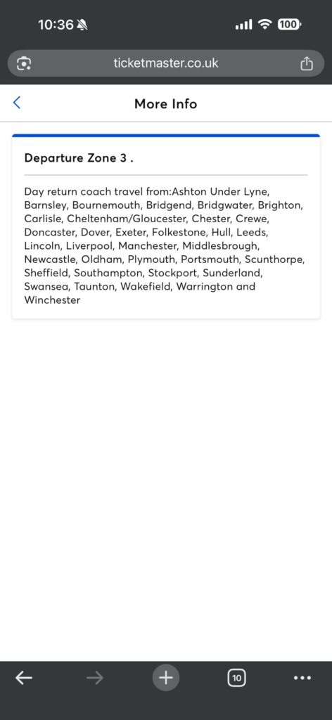 TicketmasterのDeparture Zone 3バス出発地リスト画面