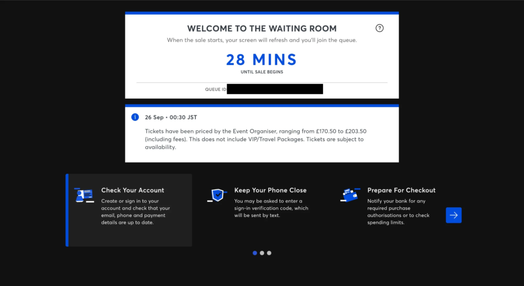 The Ticketmaster waiting room screen showing 28 minutes remaining.