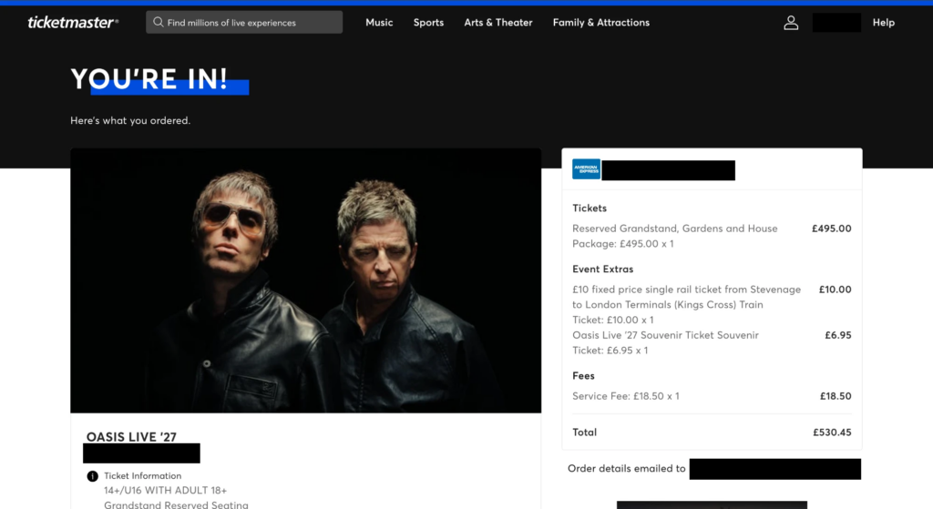 The confirmation screen showing a successful VIP ticket purchase.
